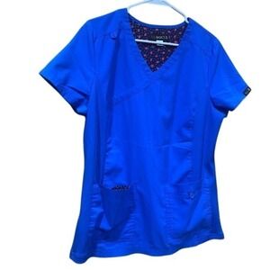 Koi Basics Scrub‎ Top Blue Medium V Neck Short Sleeve Uniform Medical Nursing
